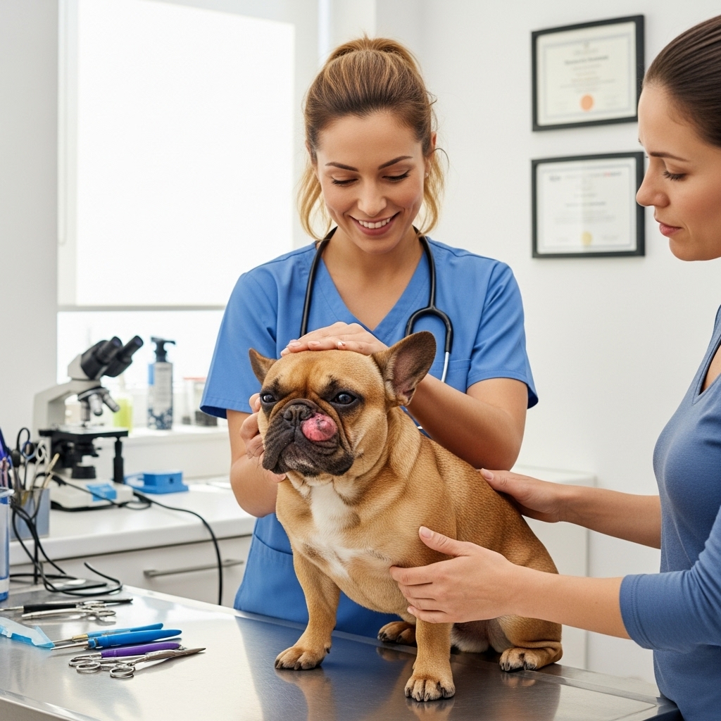 A compassionate veterinarian is gently examining the swollen snout of a sad-looking French Bulldog in a bright, clean veterinary clinic. The dog's owner is watching with a concerned but relieved expression.