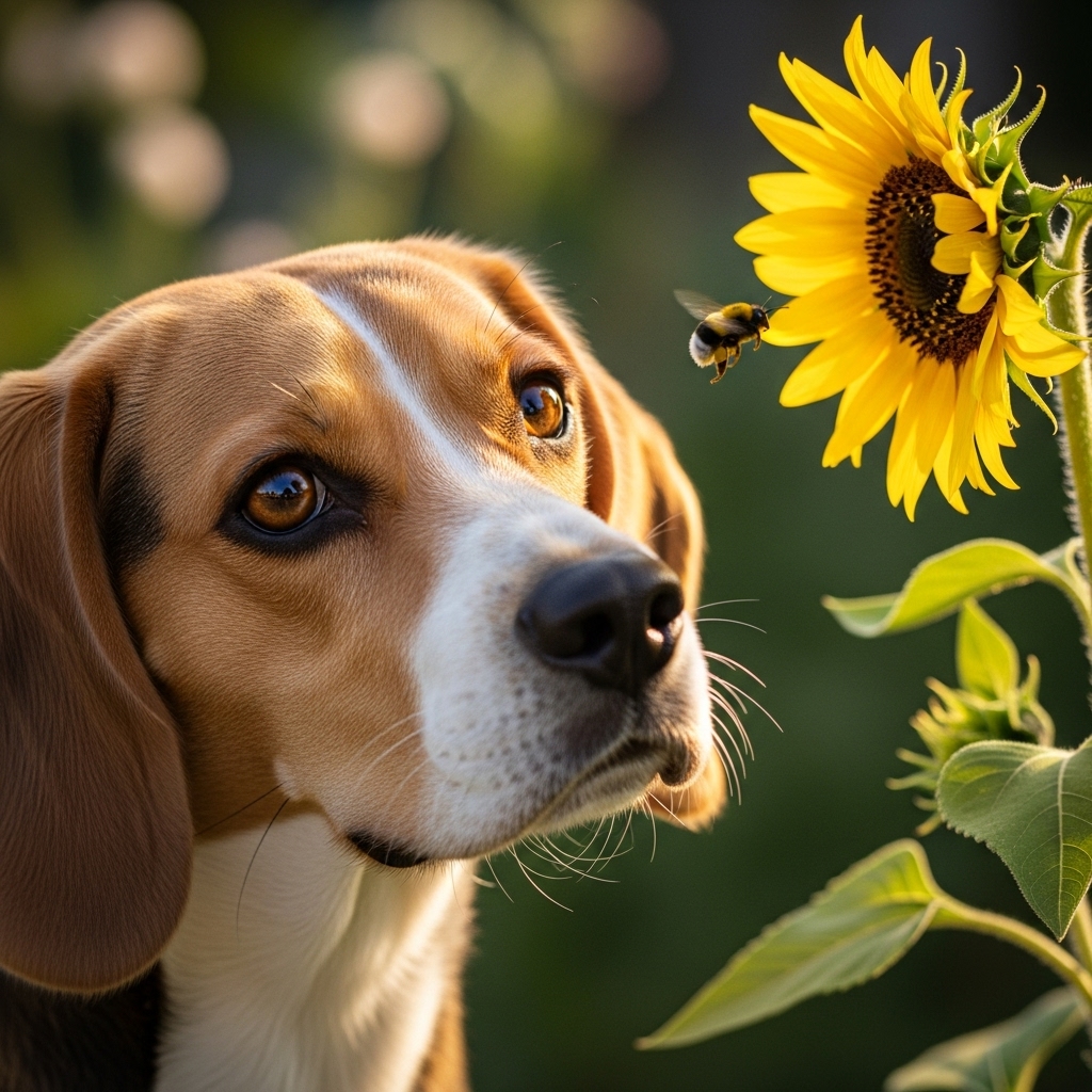 A close-up, eye-level shot of a curious Beagle tilting its head, intently watching a single bumblebee fly past a vibrant sunflower in a sunny garden. The focus is on the dog's curious expression.