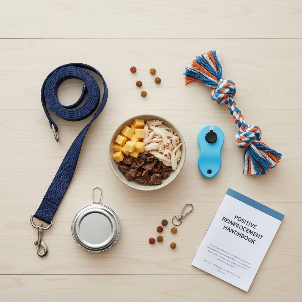 A bright, top-down flat lay of dog training essentials on a clean, light-colored wooden floor. In the center is a small bowl filled with high-value treats like chopped cheese and chicken. Next to it is a blue clicker and a favorite tug toy, arranged neatly to look inviting and professional.