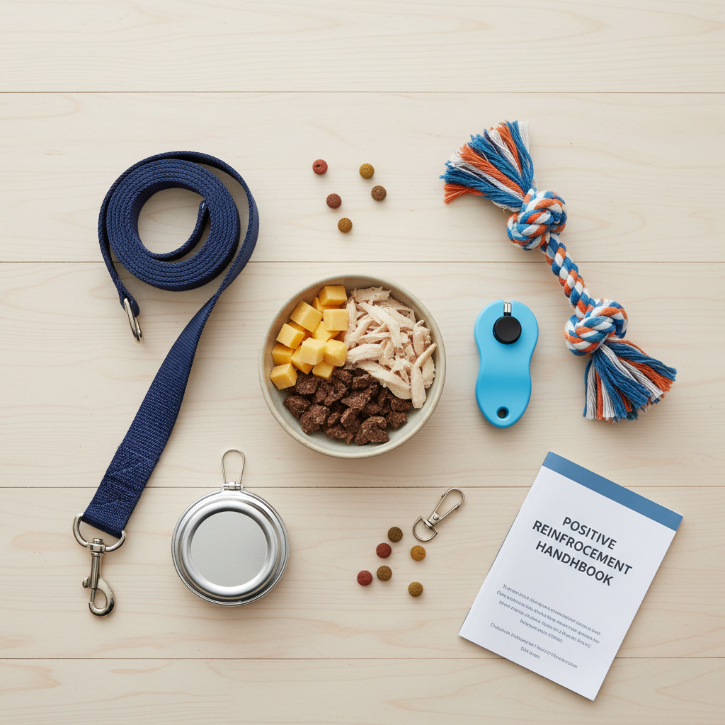 A bright, top-down flat lay of dog training essentials on a clean, light-colored wooden floor. In the center is a small bowl filled with high-value treats like chopped cheese and chicken. Next to it is a blue clicker and a favorite tug toy, arranged neatly to look inviting and professional.