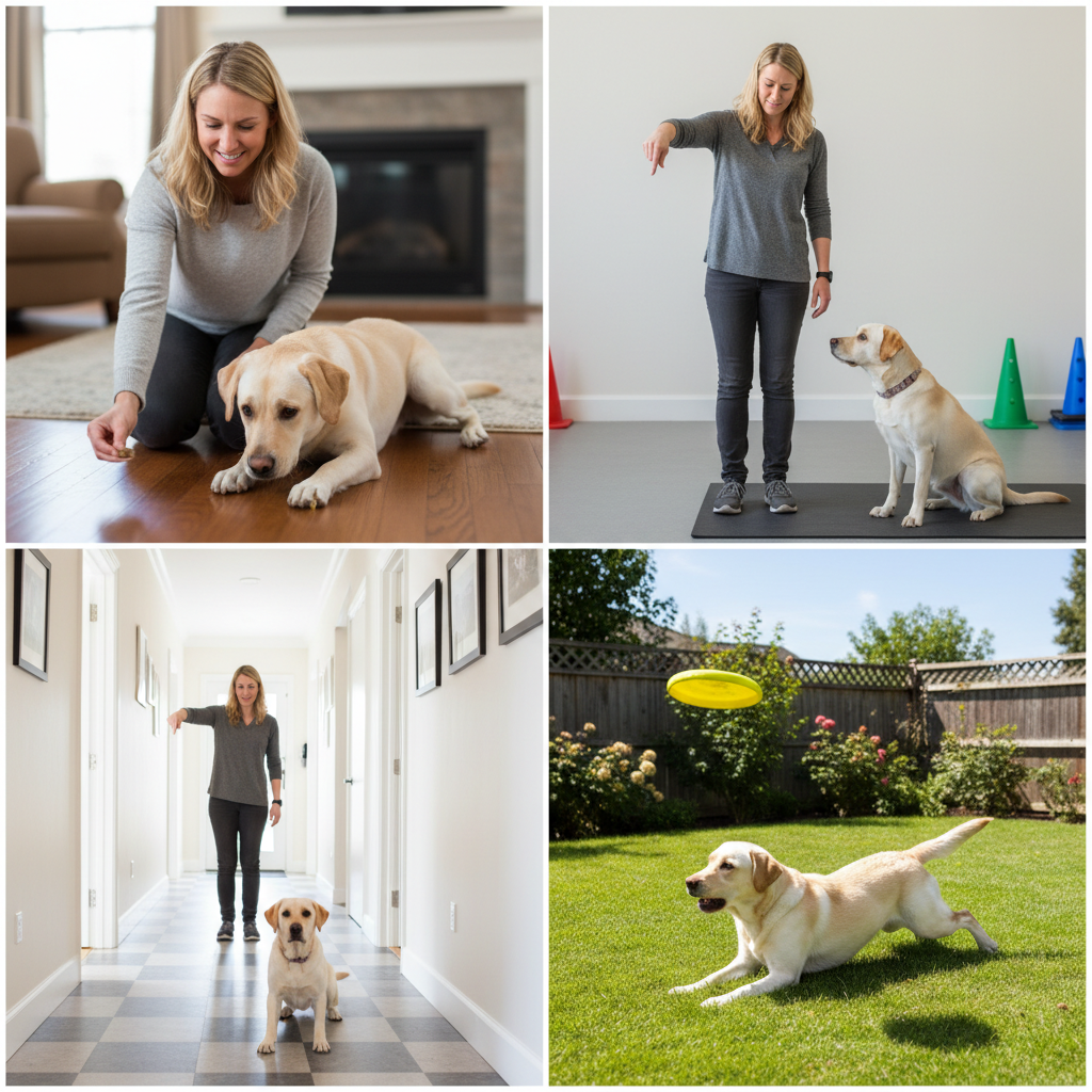 A photo collage with four panels showing the training progression of a Labrador retriever. Panel 1: Owner luring the dog down with a treat. Panel 2: Owner using only a hand signal from a standing position. Panel 3: Owner giving the command from ten feet away in a hallway. Panel 4: The dog in a perfect, fast 'down' position in a grassy backyard as a frisbee flies past in the background.