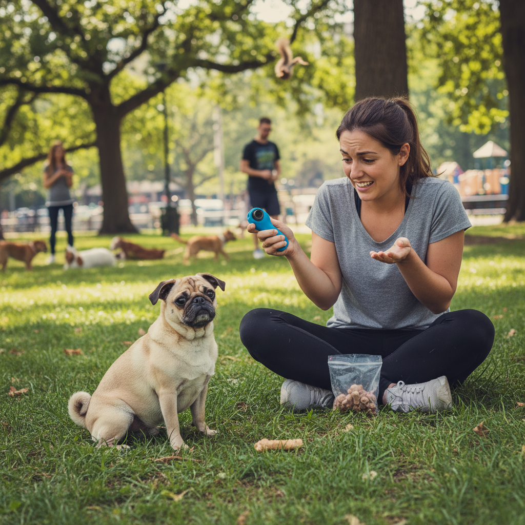 A relatable and slightly humorous photo of a dog owner looking down at their adorable but confused Pug, who is sitting up and tilting its head instead of lying down. The owner has a friendly, 'what do I do now?' expression. The setting is a park, indicating a training session with distractions.