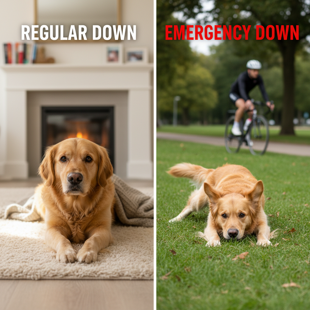 A dynamic split-screen image. On the left side, a calm Golden Retriever is leisurely lying down in a cozy living room, labeled 'Regular Down'. On the right side, the same dog is shown mid-stride in a park, dropping instantly to the ground as a cyclist zips by in the background, labeled 'Emergency Down'.