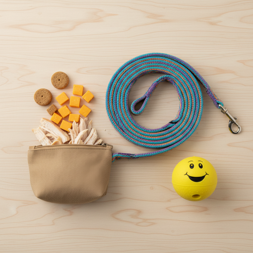 A bright and clean flat lay photo on a wooden background. It features a neatly coiled, colorful long leash, a treat pouch filled with real pieces of chicken and cheese, and a happy dog's toy ball, all arranged to look appealing and ready for a training session.
