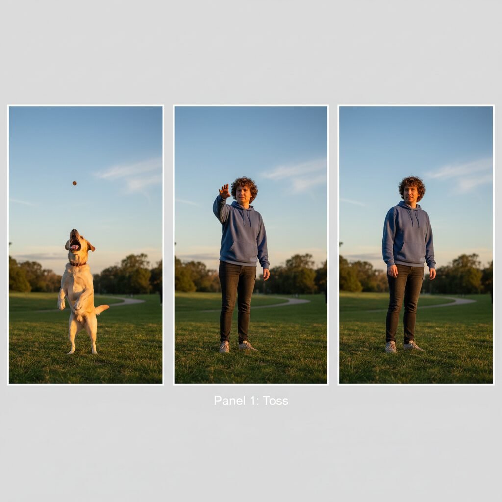 A clear, sequential photo series in three panels. Panel 1: A person tossing a treat for a Labrador. Panel 2: The person gives a hand signal and the dog pauses mid-step, looking at the owner. Panel 3: The person is enthusiastically giving the dog a high-value treat and petting it.