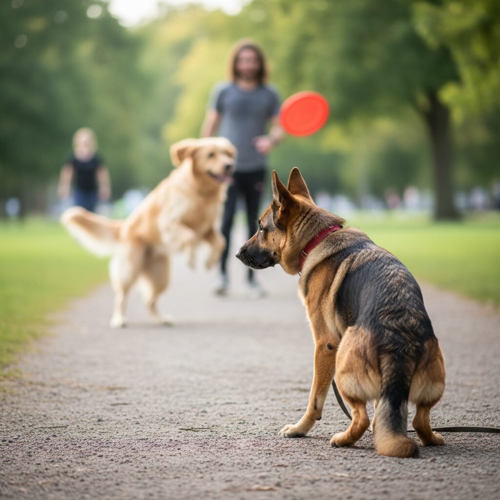 A German Shepherd is holding a perfect 'stop' position on a park path, looking back at its owner with focus. In the background, intentionally out of focus, another dog is chasing a frisbee, representing a high-level but controlled distraction.