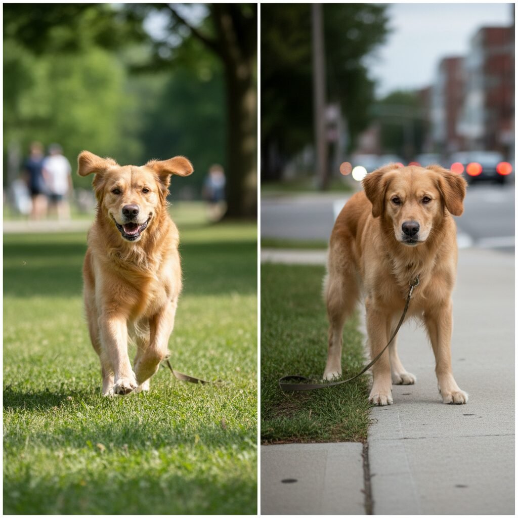 A split-screen style image. On the left, a happy Golden Retriever is running through a park. On the right, the same dog is frozen in place at the edge of the grass, just before a sidewalk and a blurred street in the background, looking back at its owner with an intense, focused expression.