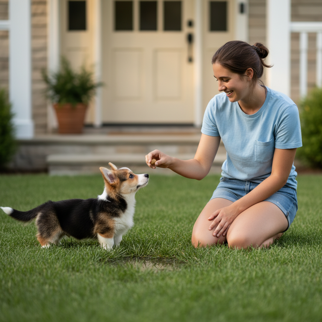 A person is squatting on a green lawn, offering a small treat to a Corgi puppy that has just finished peeing on the grass. The person has a warm, encouraging smile. The front door of a house is visible in the background.