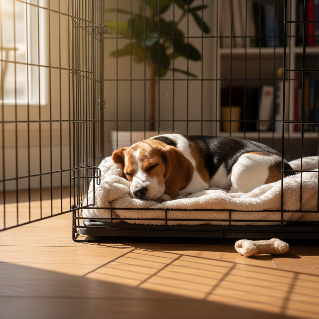 A cute Beagle puppy is fast asleep, curled up on a soft blanket inside its crate. Sunlight streams in from a nearby window, highlighting the peacefulness of the moment. The crate door is open.