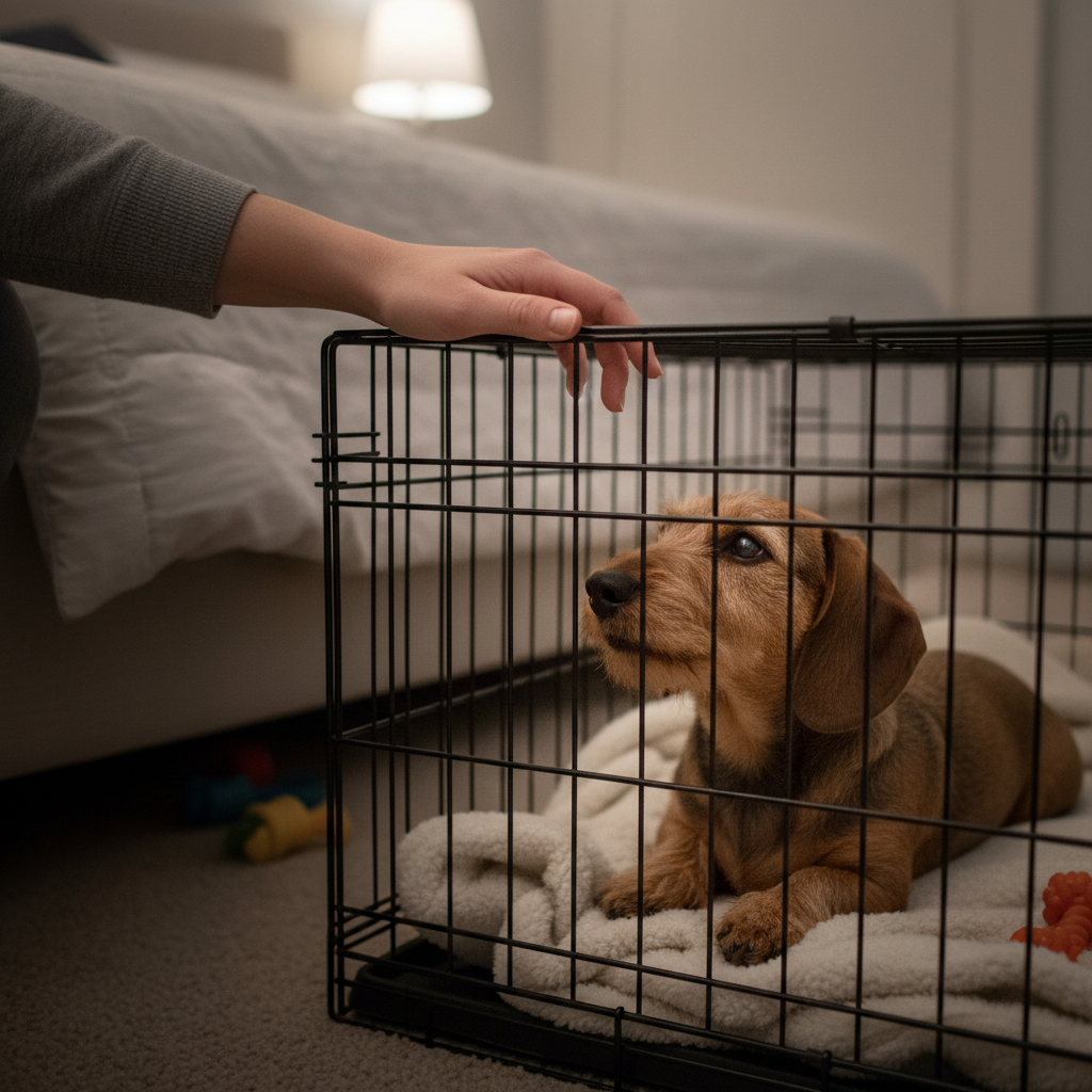A person's hand is resting on the side of a puppy crate placed next to a bed in a dimly lit bedroom. Inside the crate, a small Dachshund puppy is looking up at the hand, appearing comforted and ready to settle down for the night.