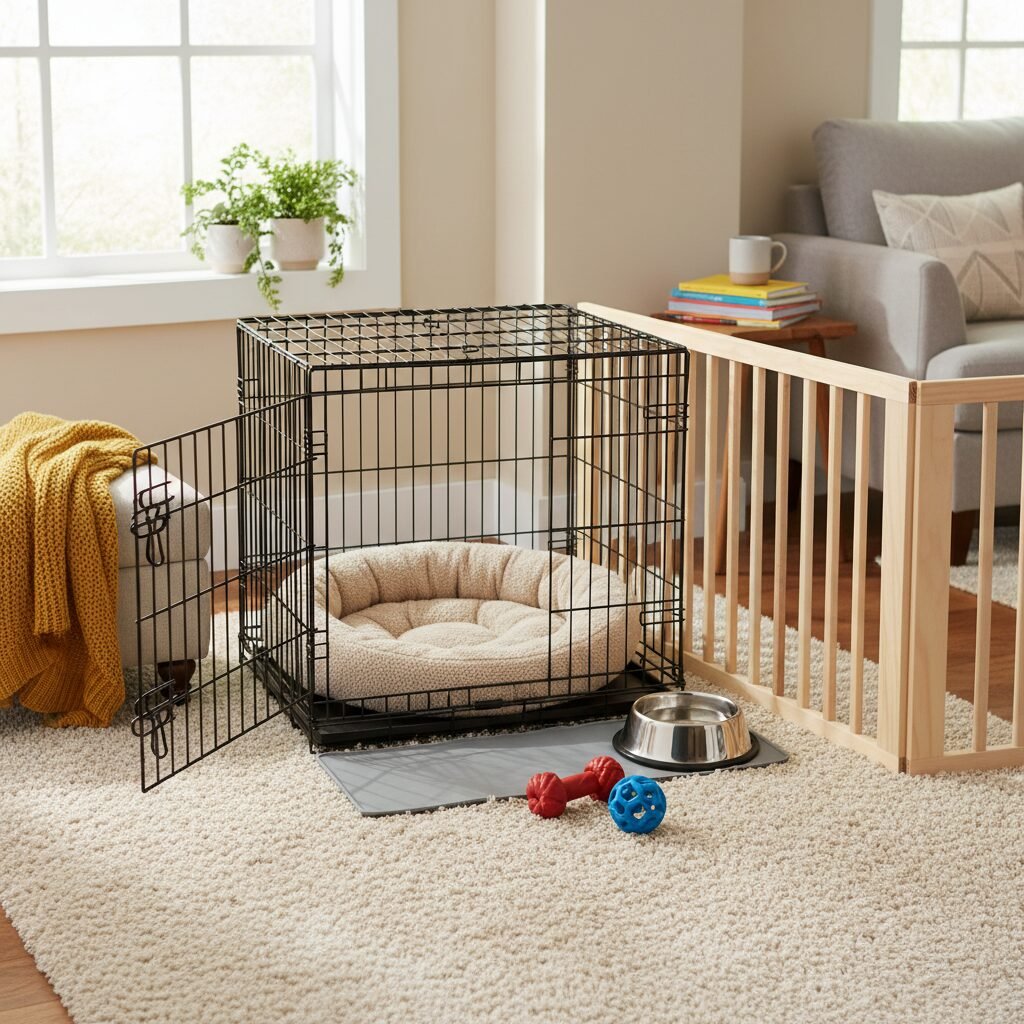 A bright, cozy corner of a living room perfectly set up as a 'puppy zone'. A wire crate with a soft bed inside has its door open. Next to it are a non-slip water bowl and a couple of durable puppy chew toys. A baby gate sections off the area.