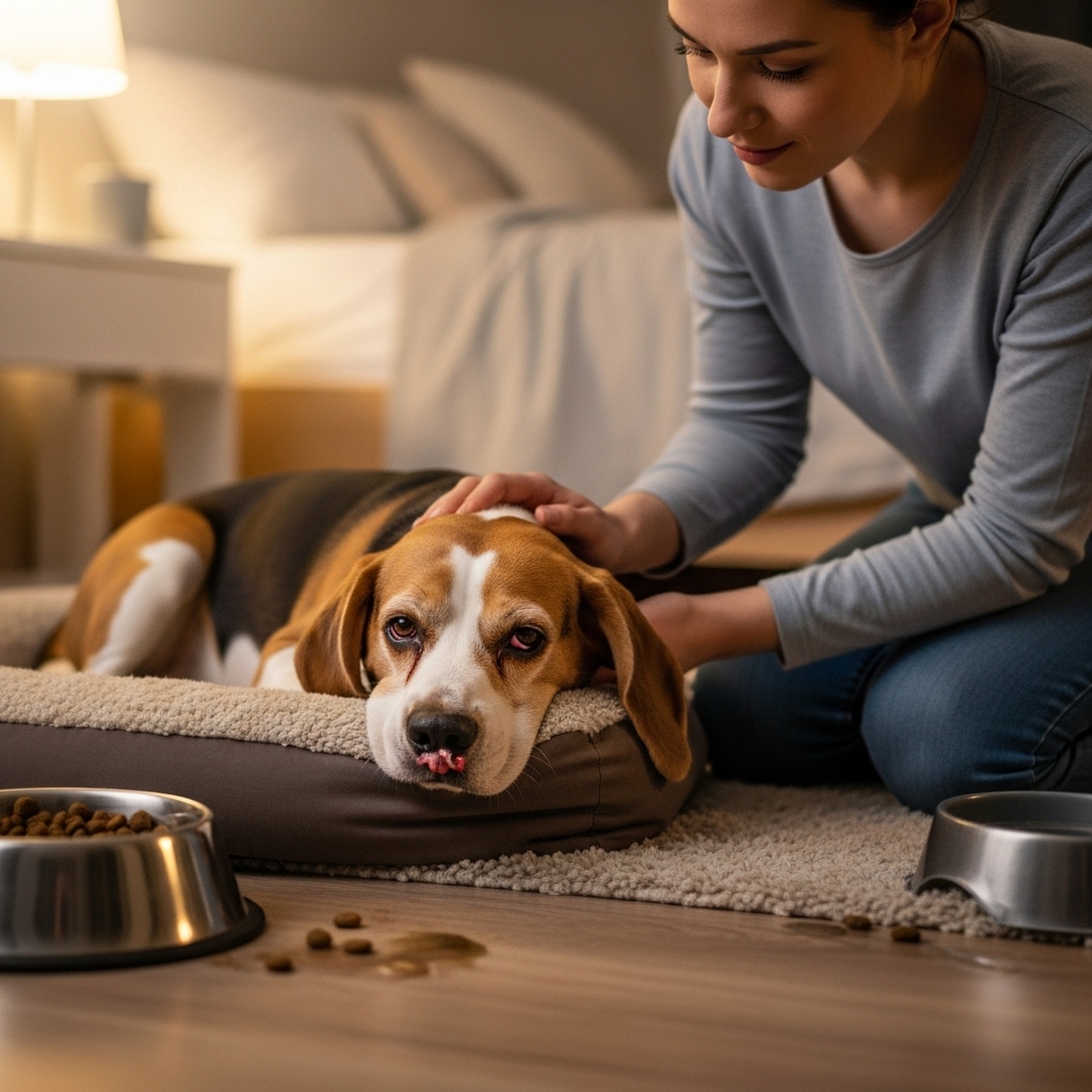 A compassionate scene of a concerned owner kneeling on the floor, gently stroking a sad-looking Beagle that is curled up on a dog bed. The scene should convey a sense of illness and the loving bond between a pet and its owner.