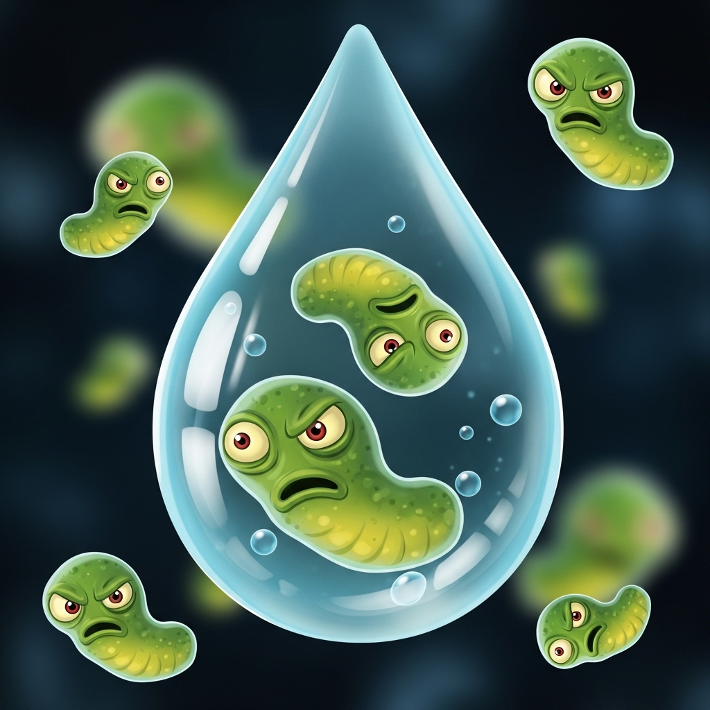 A stylized, microscopic view illustration of Giardia lamblia parasites. They are depicted with their characteristic 'face-like' appearance, floating in a droplet of water, looking cartoonishly menacing to represent a threat.