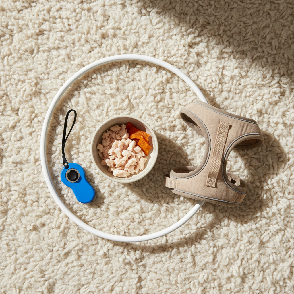 A top-down flat lay photo on a cozy, neutral-colored rug. The arrangement includes a small bowl of high-value dog treats (like chopped chicken), a training clicker, and a comfortable dog harness with a halo device attached.