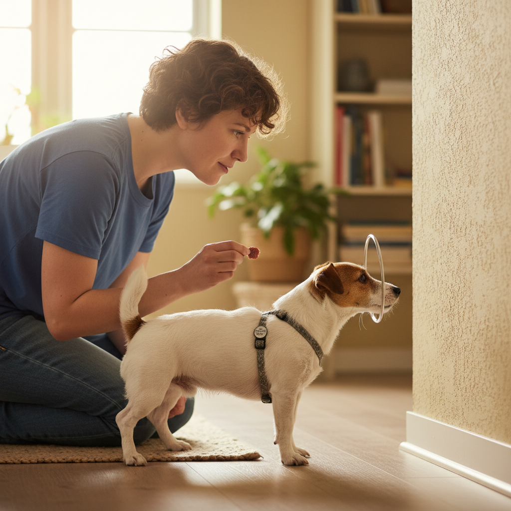 A side-profile action shot of a person patiently training their blind Jack Russell terrier. The dog, wearing a halo, has just stopped inches from a wall as the owner offers a treat. The scene is well-lit and captures a moment of positive reinforcement.