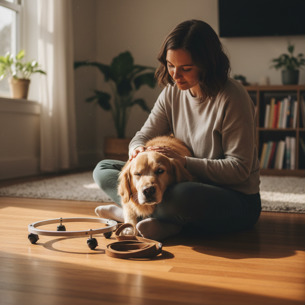 An empathetic, ground-level shot of a person sitting on the floor, gently stroking their blind dog who is resting its head on their lap. The halo device rests on the floor beside them, conveying a sense of patience and taking a break during training.