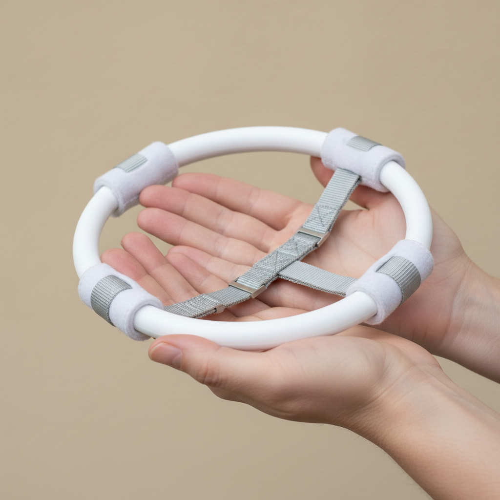 A clear, close-up shot of a lightweight, modern 'halo' device for blind dogs. It is being held by a pair of gentle human hands against a clean, neutral background, showcasing its simple design and construction.