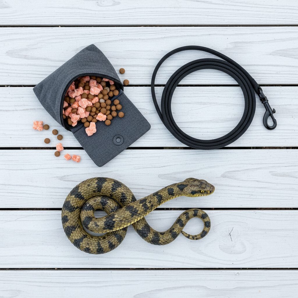 A neat flat lay of dog training supplies on a clean wooden deck. Included are a high-quality treat pouch overflowing with premium treats, a coiled 20-foot long-line leash, and a very realistic-looking rubber snake.