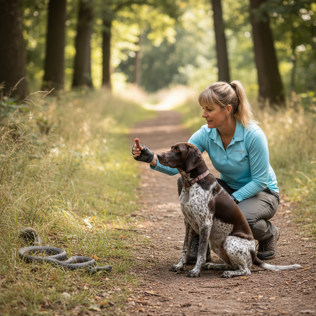 A friendly-looking dog trainer kneeling down to her German Shorthaired Pointer's level on a trail, offering a high-value treat. The dog's attention is fully on the trainer, ignoring the rubber snake placed off to the side of the path, illustrating a successful training moment.
