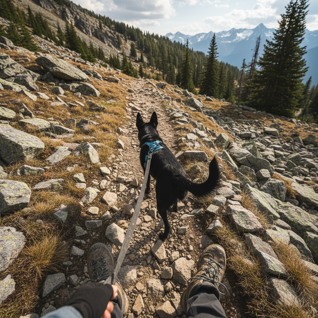 A hiker's point-of-view shot, looking down at their boots and their leashed dog on a rocky trail. The hiker's eyes are scanning the area ahead, demonstrating situational awareness and responsible pet ownership in the wilderness.