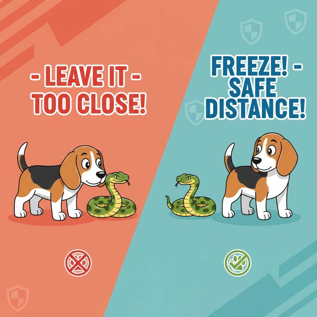 A dynamic infographic-style image showing two scenarios. On the left, a Beagle sniffing dangerously close to a snake with the text 'Leave It - Too Close!'. On the right, the same Beagle is frozen several feet away, looking back at its owner, with the text 'Freeze! - Safe Distance!'.