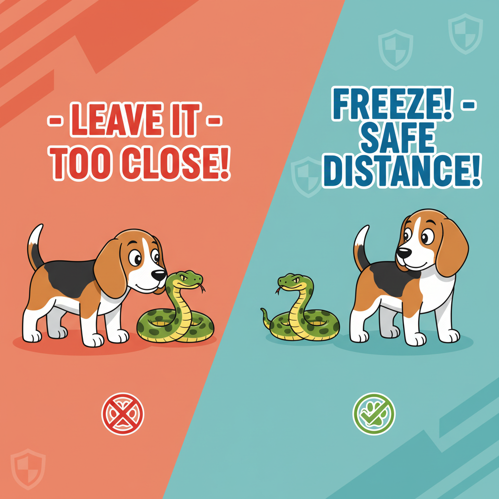 A dynamic infographic-style image showing two scenarios. On the left, a Beagle sniffing dangerously close to a snake with the text 'Leave It - Too Close!'. On the right, the same Beagle is frozen several feet away, looking back at its owner, with the text 'Freeze! - Safe Distance!'.