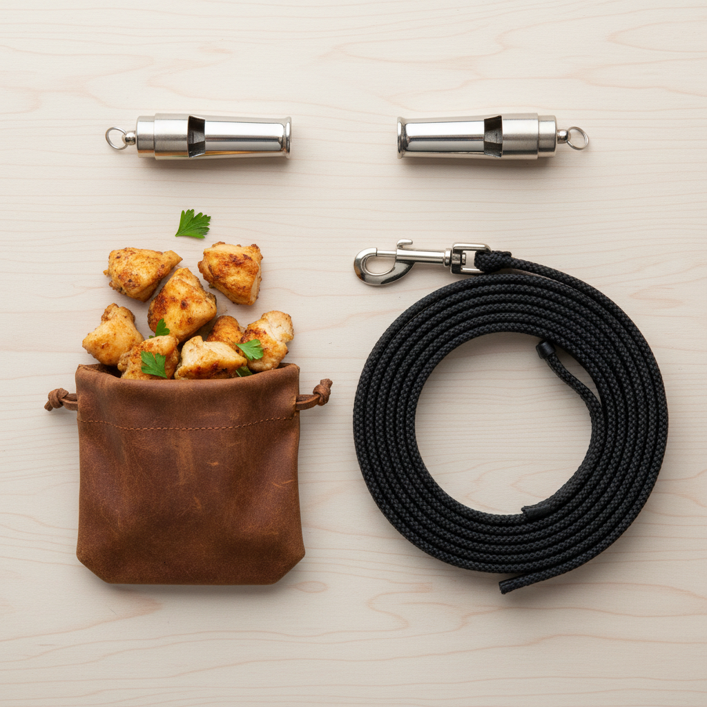 A clean, top-down flat lay on a light wooden background. The items are neatly arranged: two identical, shiny metal dog whistles, a small leather pouch overflowing with freshly cooked chicken pieces, and a coiled-up 30-foot training leash.
