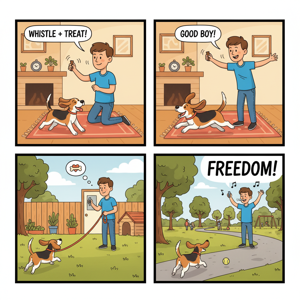 A four-panel comic-strip style image showing the training progression. Panel 1: A person indoors gives a treat to a beagle immediately after blowing a whistle. Panel 2: The beagle runs happily across a living room towards the person with the whistle. Panel 3: The beagle is on a long leash in a backyard, running towards the owner. Panel 4: The beagle is in a park, ignoring a rolling tennis ball to run enthusiastically to its owner, who is blowing the whistle.