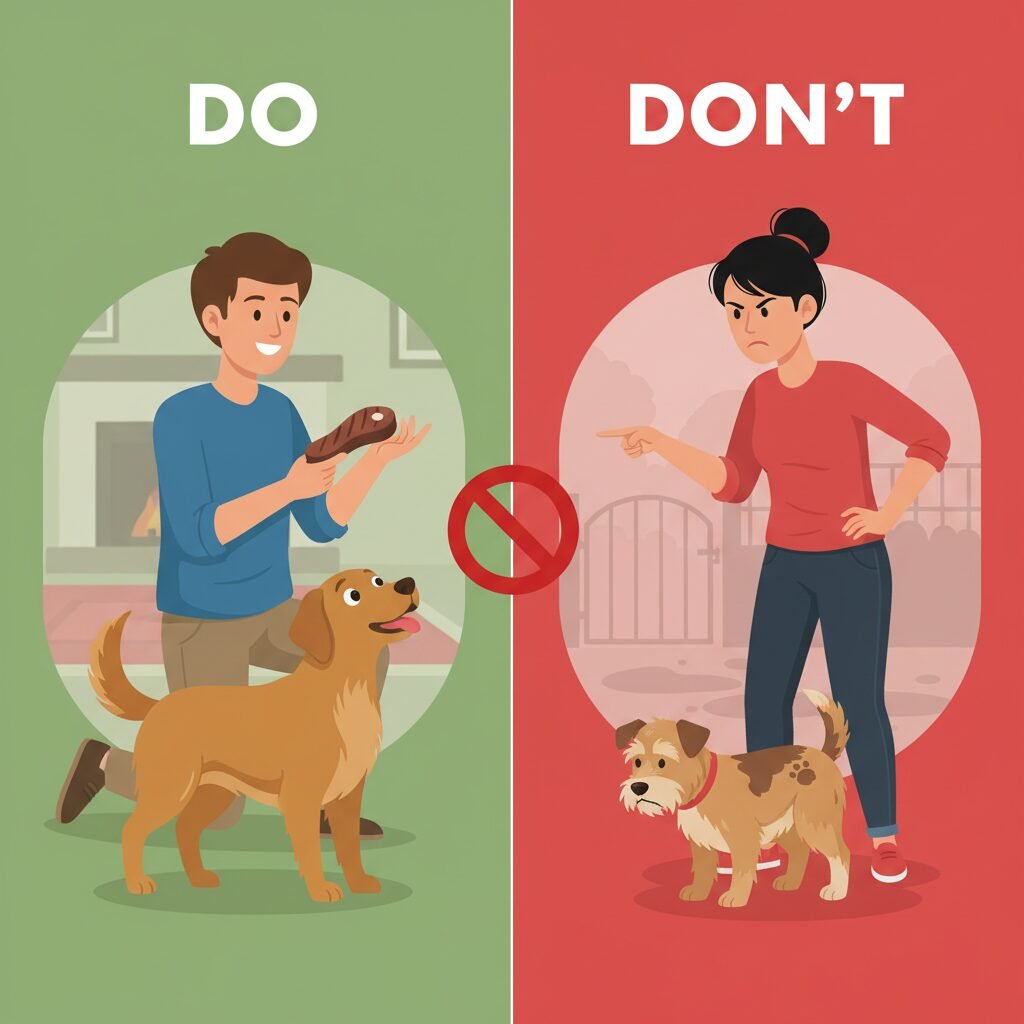 A helpful infographic style image with two sides. The 'DO' side is green, showing a person on one knee, smiling and feeding a piece of steak to an excited dog. The 'DON'T' side is red, showing a person with hands on hips, scolding a dog that has just come back, with a wagging finger.