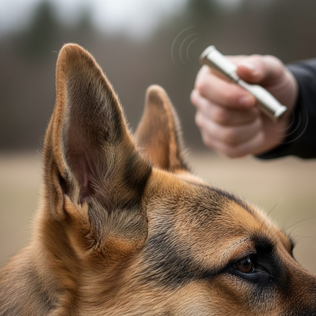 A close-up, artistic shot of a German Shepherd's ear perked up in sharp focus. In the softly blurred background, a person is holding a metal dog whistle, symbolizing the sound cutting through all other distractions.