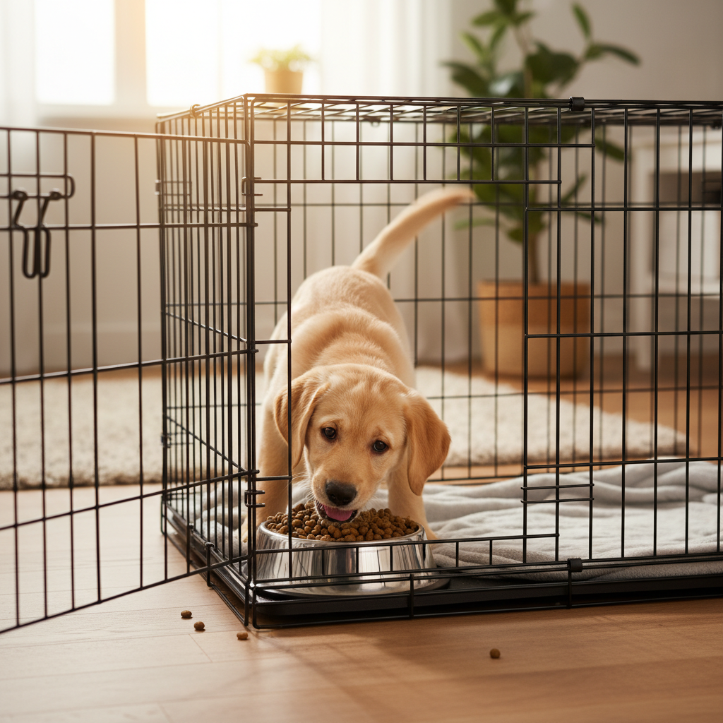 A cheerful Labrador puppy is happily eating its kibble from a bowl placed at the back of its crate during the day. The crate door is wide open, and the scene is bright and positive.