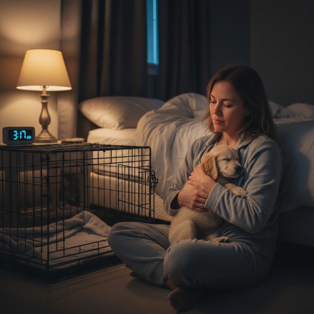 A person is calmly carrying a small puppy out of its crate in a dimly lit bedroom in the middle of the night. The scene is quiet and focused, illustrating a 'boring' midnight potty break.