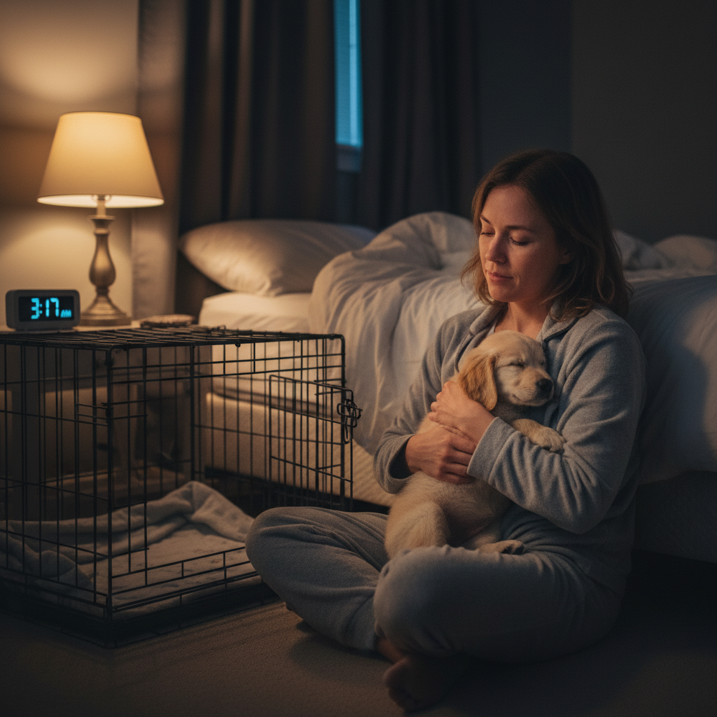 A person is calmly carrying a small puppy out of its crate in a dimly lit bedroom in the middle of the night. The scene is quiet and focused, illustrating a 'boring' midnight potty break.