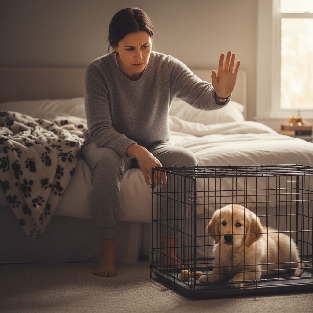 A concerned but patient dog owner is sitting on their bed, looking over at a crate where a small puppy is whining. The owner has a hand up in a 'wait' gesture, illustrating the concept of not giving in to every cry.