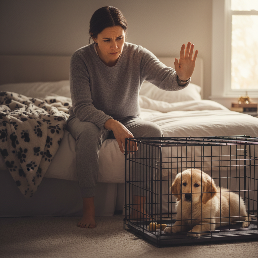 A concerned but patient dog owner is sitting on their bed, looking over at a crate where a small puppy is whining. The owner has a hand up in a 'wait' gesture, illustrating the concept of not giving in to every cry.