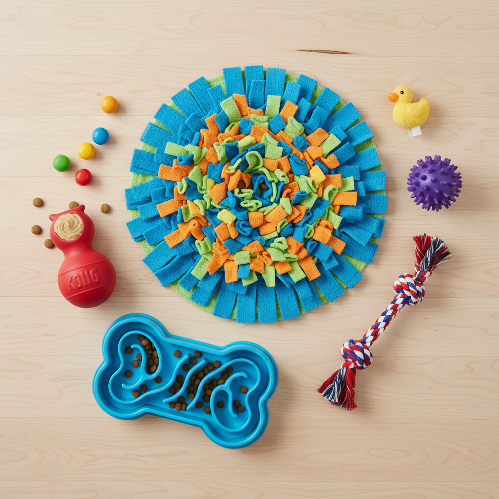 A colorful flat-lay of puppy enrichment tools on a clean wooden floor: a snuffle mat, a Kong toy stuffed with treats, a slow-feeder bowl, and a couple of durable chew toys.