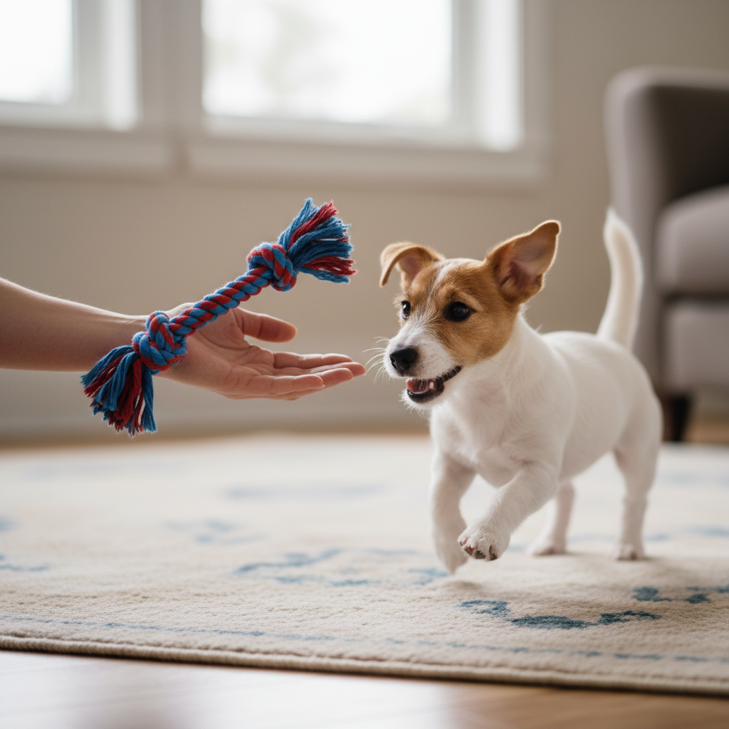 A person's hand gently offering a rope toy to an excited Jack Russell terrier puppy who is in the middle of zooming around a rug. The focus is on the positive redirection of energy.