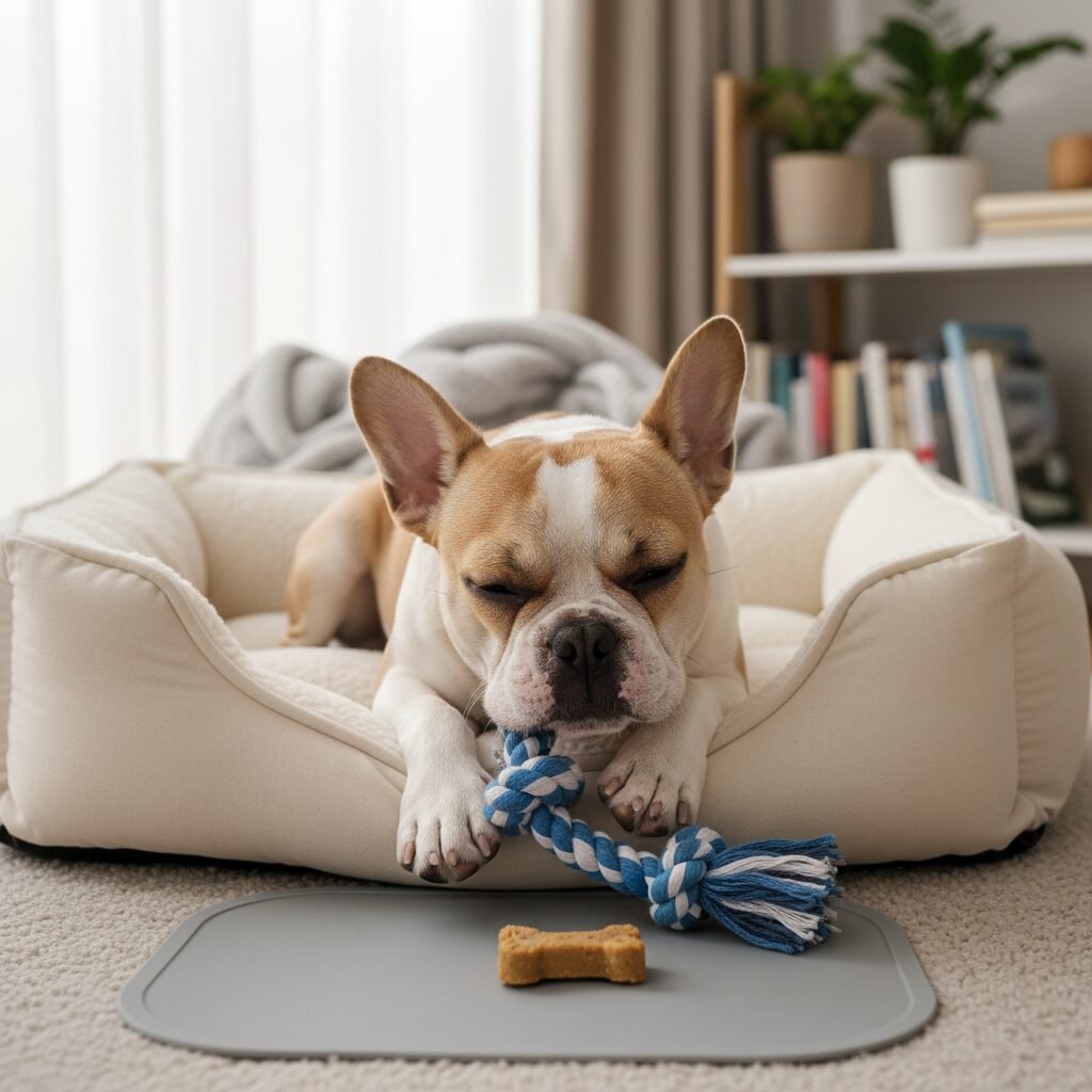 A French bulldog puppy lying calmly on a soft dog bed, chewing on a toy, with a small treat placed next to its paw as a reward. The scene is peaceful and quiet, illustrating the 'capturing calmness' technique.