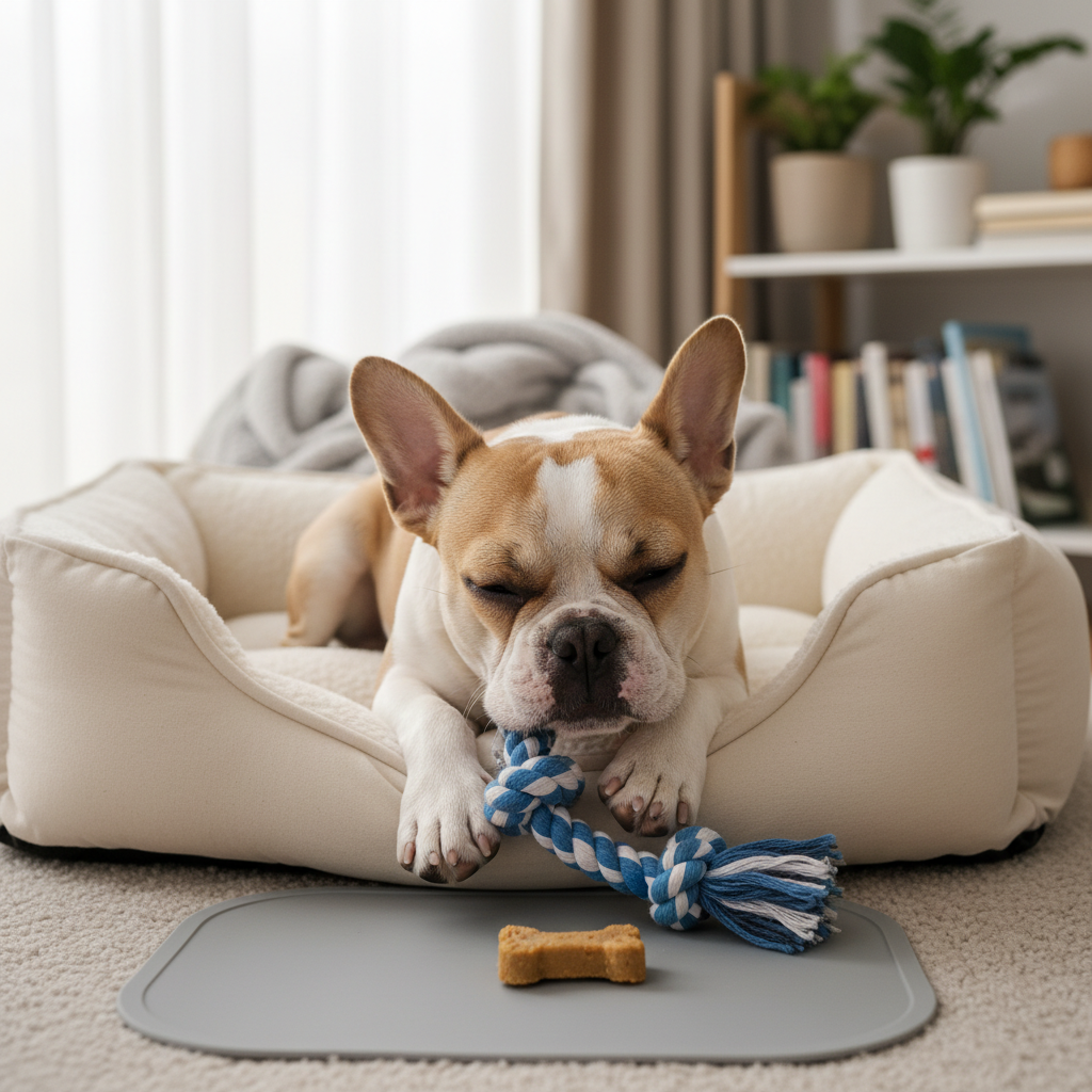 A French bulldog puppy lying calmly on a soft dog bed, chewing on a toy, with a small treat placed next to its paw as a reward. The scene is peaceful and quiet, illustrating the 'capturing calmness' technique.