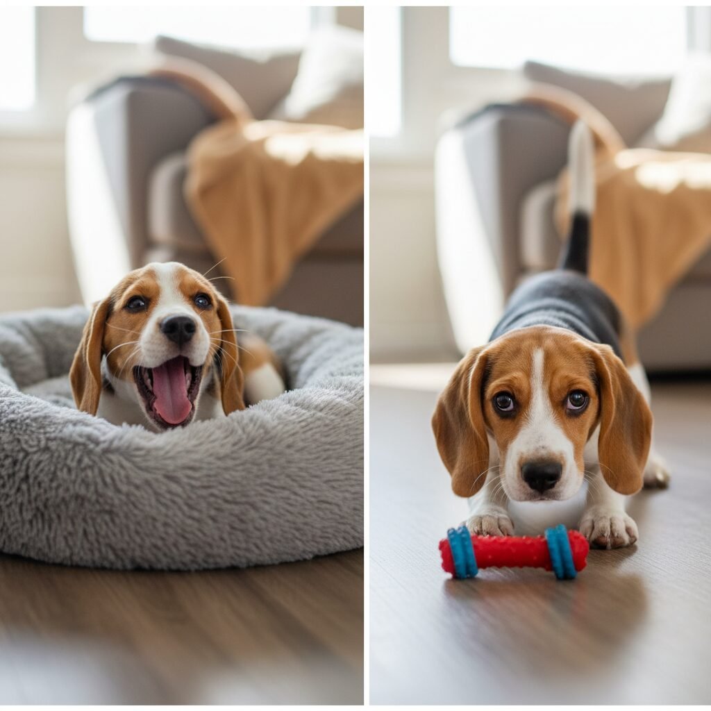A split-screen image: on the left, a tired-looking beagle puppy yawning widely in its bed; on the right, the same puppy suddenly looking wide-eyed and full of energy, ready to pounce on a toy.