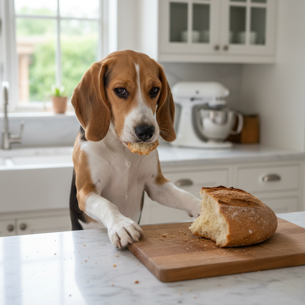 A humorous, candid photo of a lanky adolescent beagle standing on its hind legs with its front paws on a kitchen counter, trying to sneak a piece of bread. The dog has a guilty but determined look on its face.