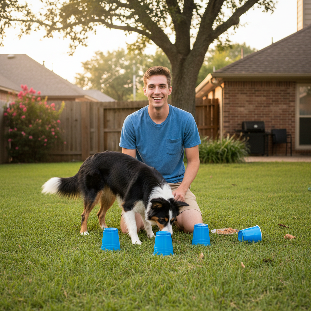 A happy owner playing a scent game with their adolescent border collie in the backyard. The owner is hiding treats under plastic cups, and the dog is intently focused on sniffing them out.