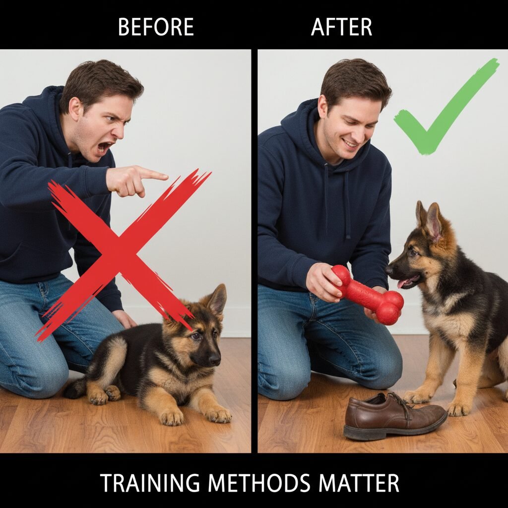 A split image. On the left, an owner is angrily pointing a finger at a cowering German Shepherd puppy, with a red 'X' over the scene. On the right, the same owner is calmly redirecting the puppy from chewing a shoe to chewing a durable dog toy, with a green checkmark.