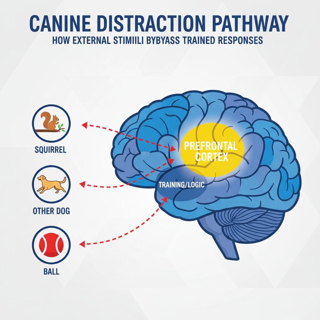 An infographic-style illustration showing a diagram of a dog's brain, with the prefrontal cortex highlighted. Arrows point to external distractions like a squirrel, another dog, and a ball, showing how they bypass the 'training' section of the brain.