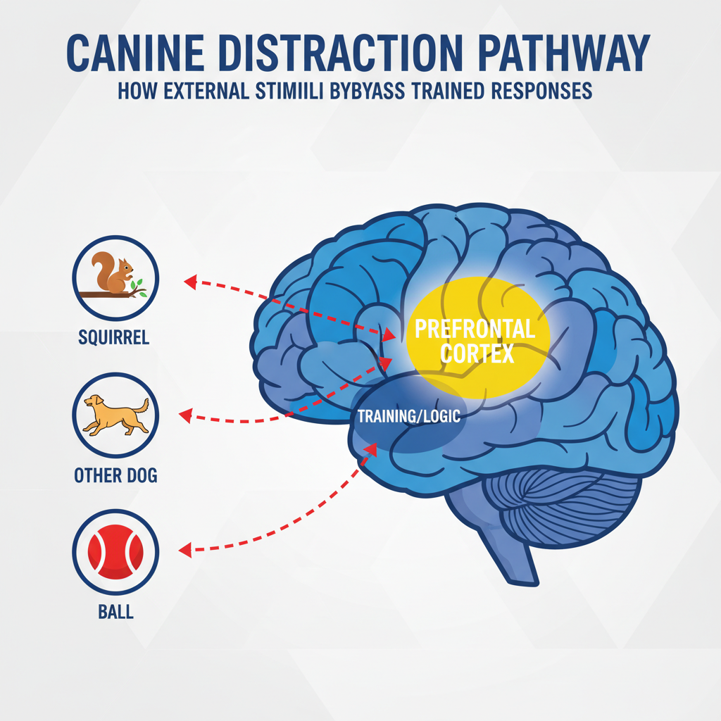 An infographic-style illustration showing a diagram of a dog's brain, with the prefrontal cortex highlighted. Arrows point to external distractions like a squirrel, another dog, and a ball, showing how they bypass the 'training' section of the brain.