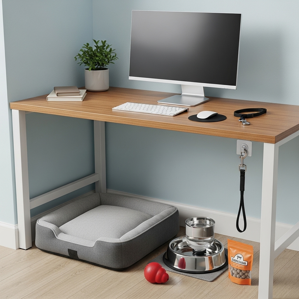A neatly organized corner of an office workspace. On the floor is a stylish dog bed, a non-spill water bowl, a Kong toy, and a small bag of treats. A leash is hanging from a hook on the side of the desk.