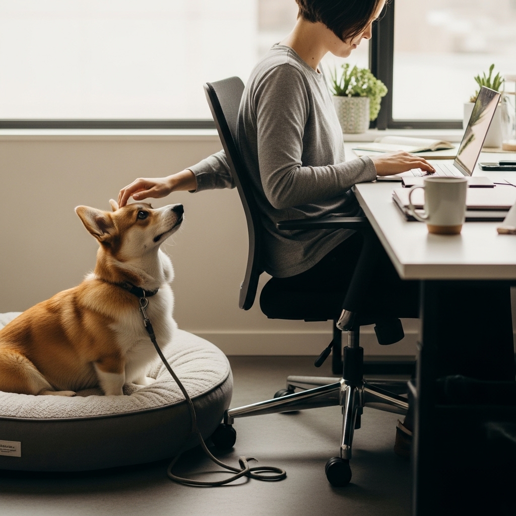 A side-view shot of a person at their office desk, with their well-behaved Corgi on a leash, sitting politely on its bed. The person is giving the dog a small, rewarding pat on the head for its calm behavior.