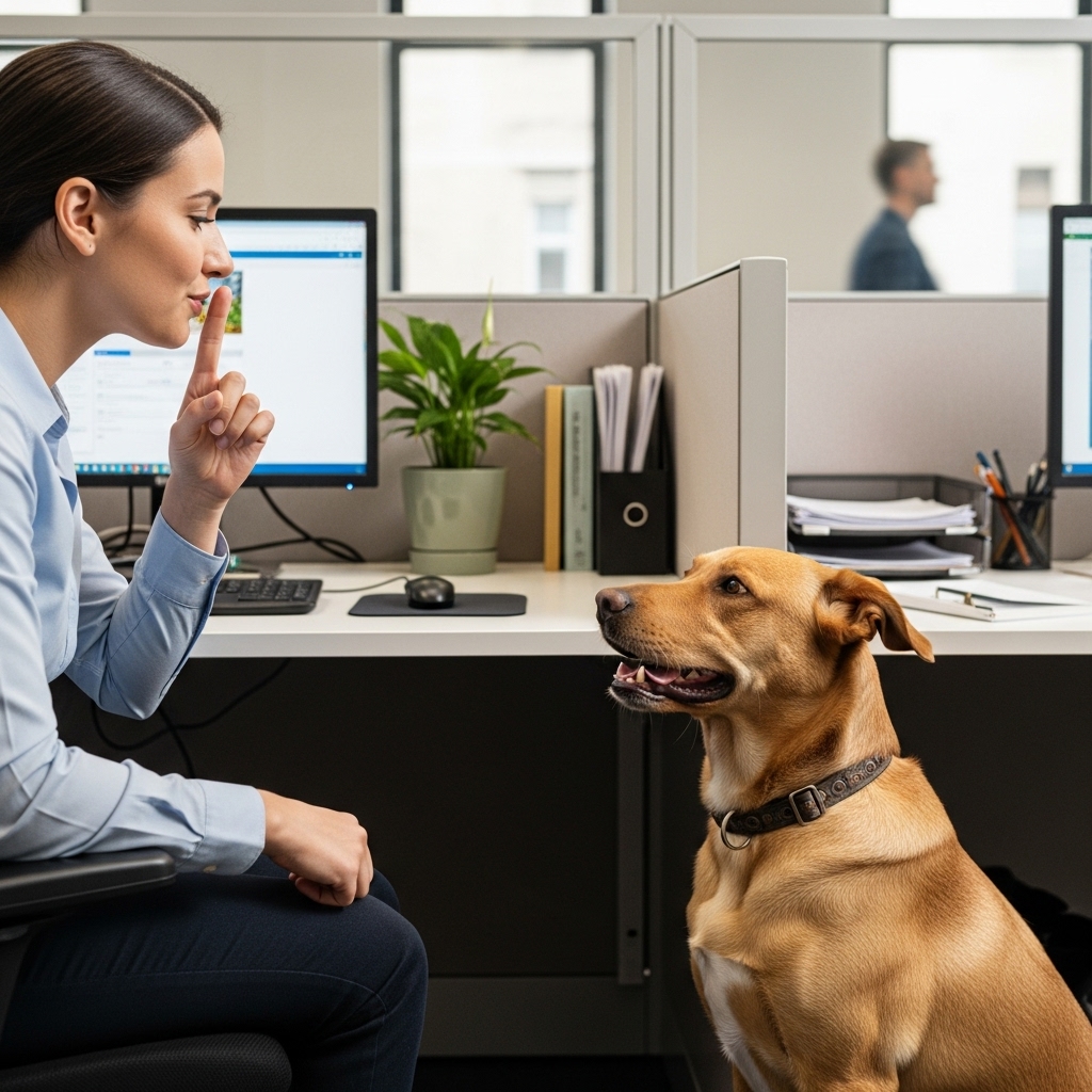 A person in an office setting calmly placing a finger to their lips in a 'shush' motion towards their dog, who has just started to bark at someone walking past the cubicle. The scene should convey gentle correction, not scolding.