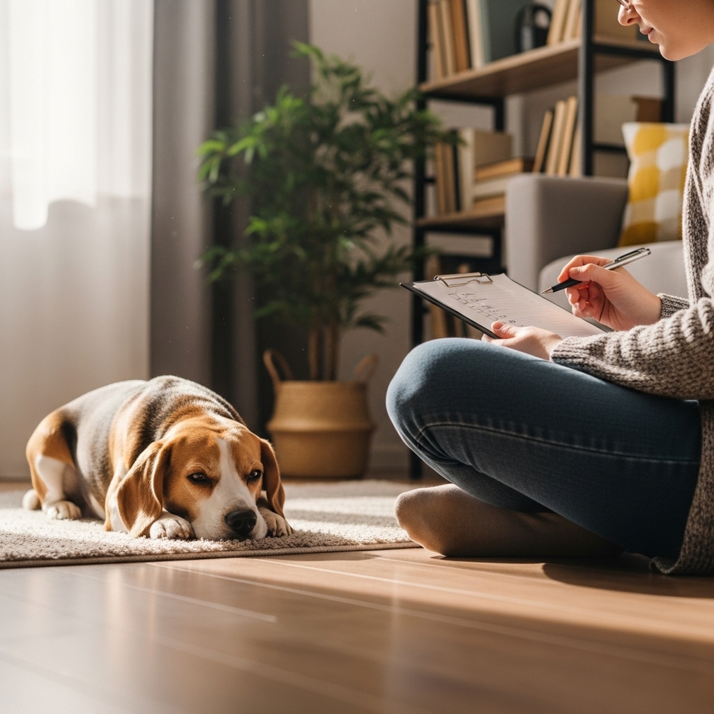 A person sitting on their living room floor, thoughtfully observing their calm beagle. The person is holding a clipboard with a checklist, creating a feeling of careful preparation and assessment.