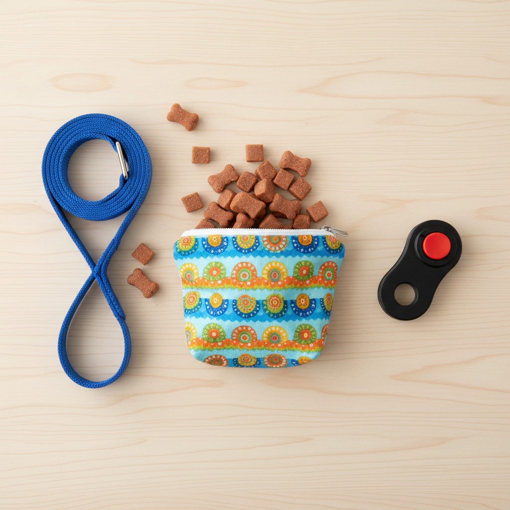 A bright, clean flat lay of dog training essentials on a light wood background. Included are a small, colorful treat pouch overflowing with treats, a coiled-up nylon leash, and a clicker.
